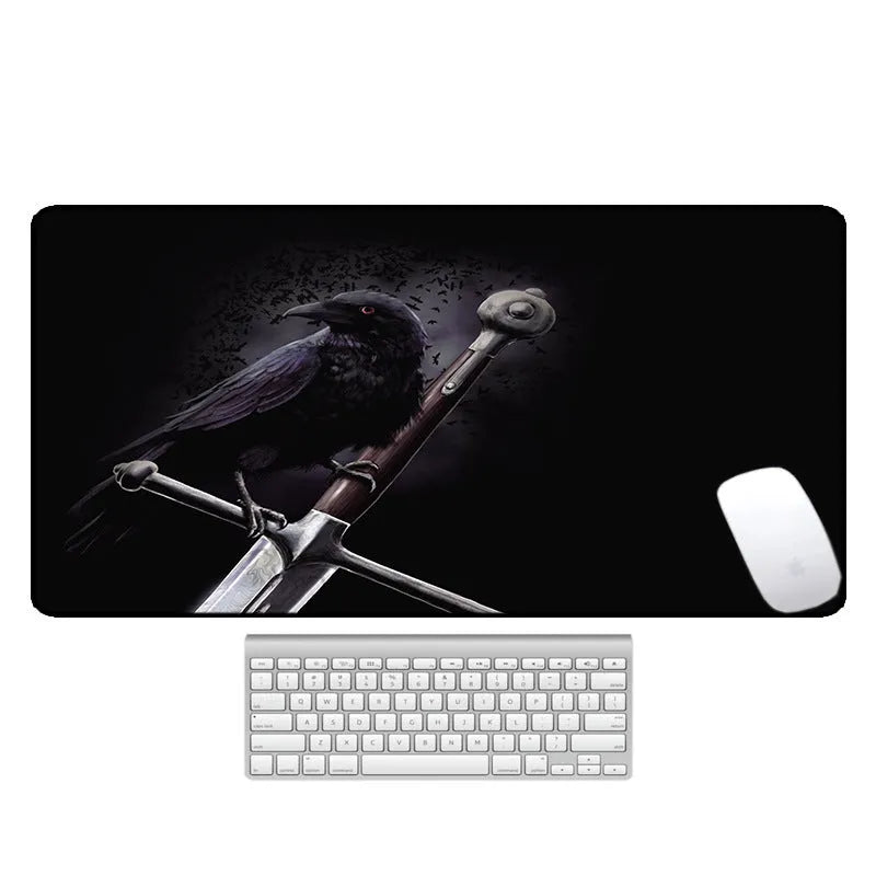 Large natural rubber desk pad with graphic print, showing non-slip base and size options for mouse and keyboard.