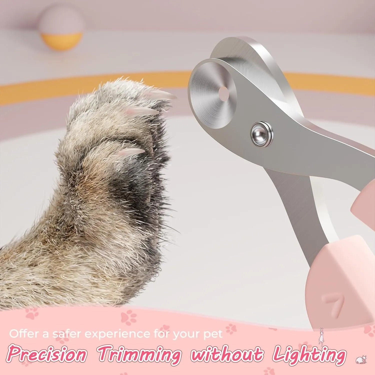 Blue pet nail clipper with a round positioning hole and textured handle on a white background.