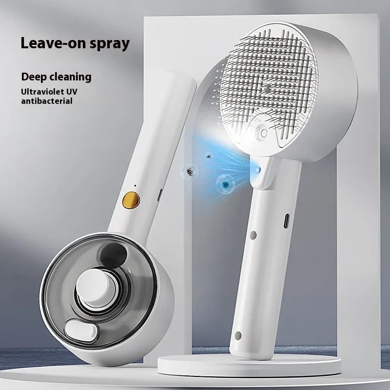 Ceramic white pet grooming brush with UV sterilisation light and spray mist function for dog and cat hair removal