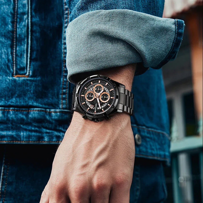 Men's waterproof luminous quartz watch with steel band in black and blue colour option
