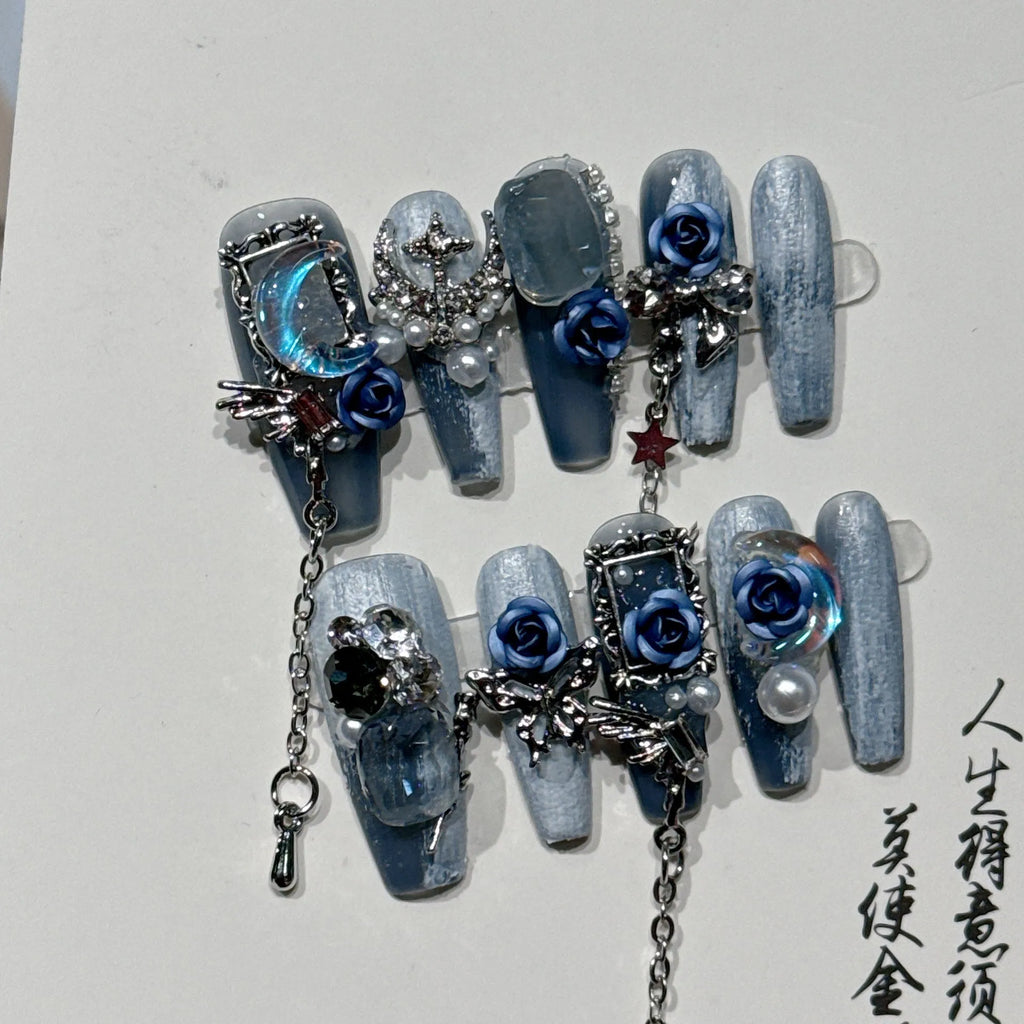 Heavy industry blue night nail stencils with ornate rose, tulip and flower patterns in plastic armour suit