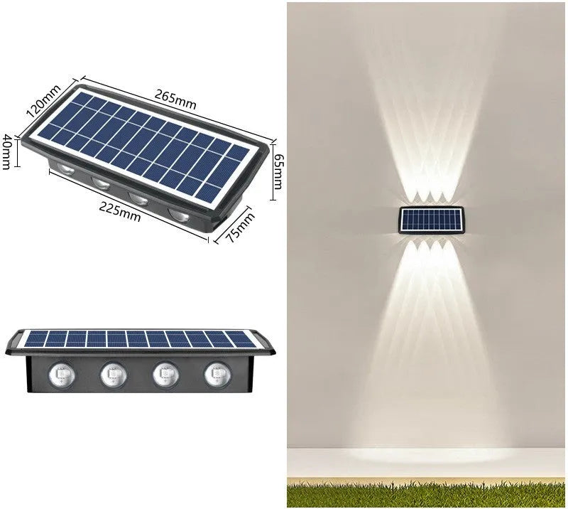 Solar outdoor wall light with 4 LED beads, ABS+PC housing, and glass polysilicon solar panel mounted on a brick wall