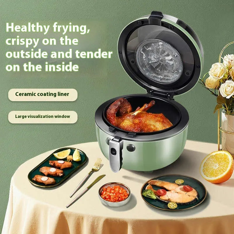 8-litre ceramic air fryer oven with mechanical button controls and visible operation