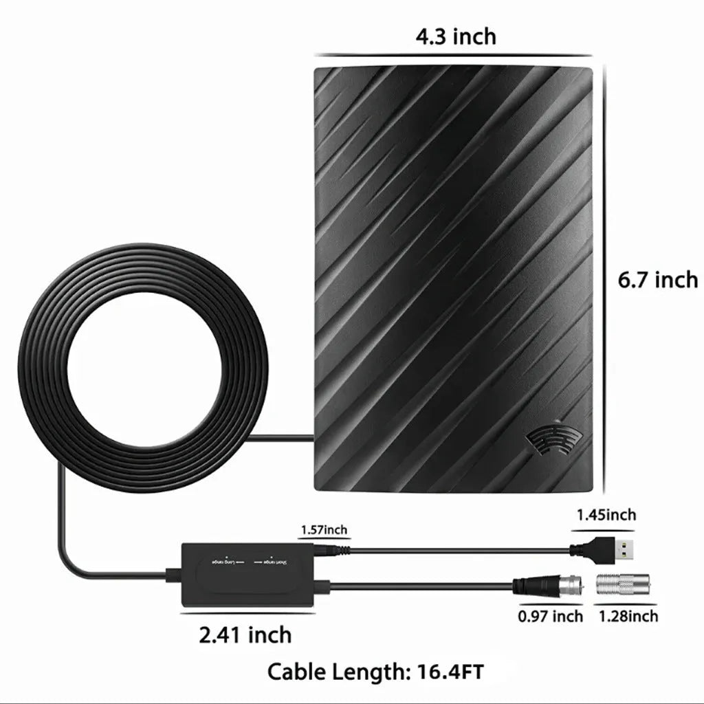 Black plastic digital TV antenna measuring 18cm with mounting accessories including expansion tubes and screws