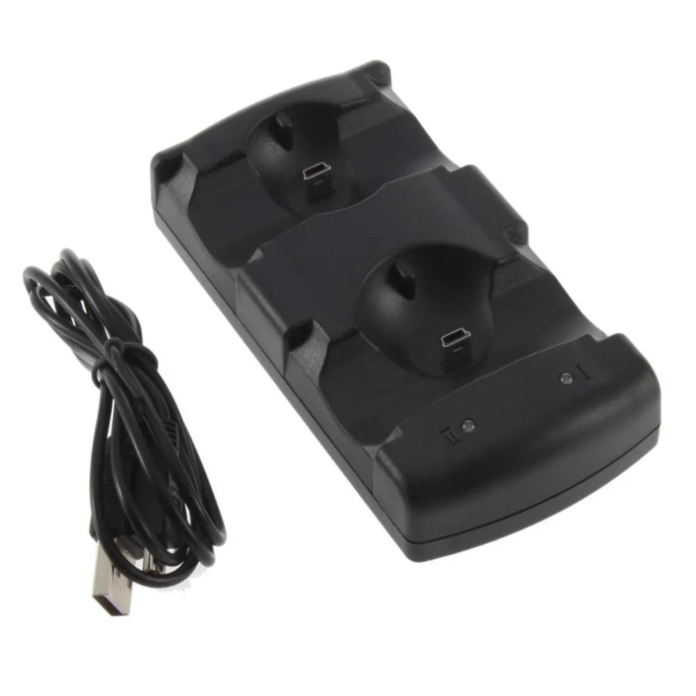 Black plastic PS3 two-in-one dual charger base with USB interface for wireless controllers