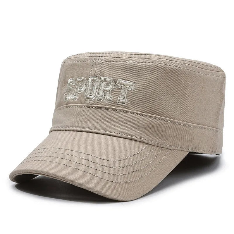 Men's cotton flat-top peaked cap in adjustable size with dome crown