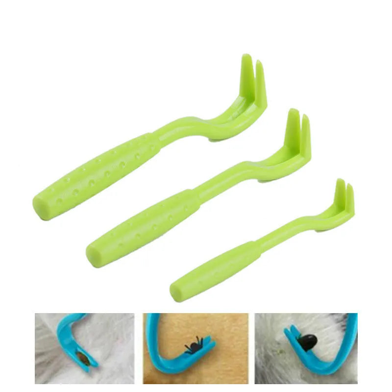 Three plastic tick removal hook tools for pet grooming in blue and green colours