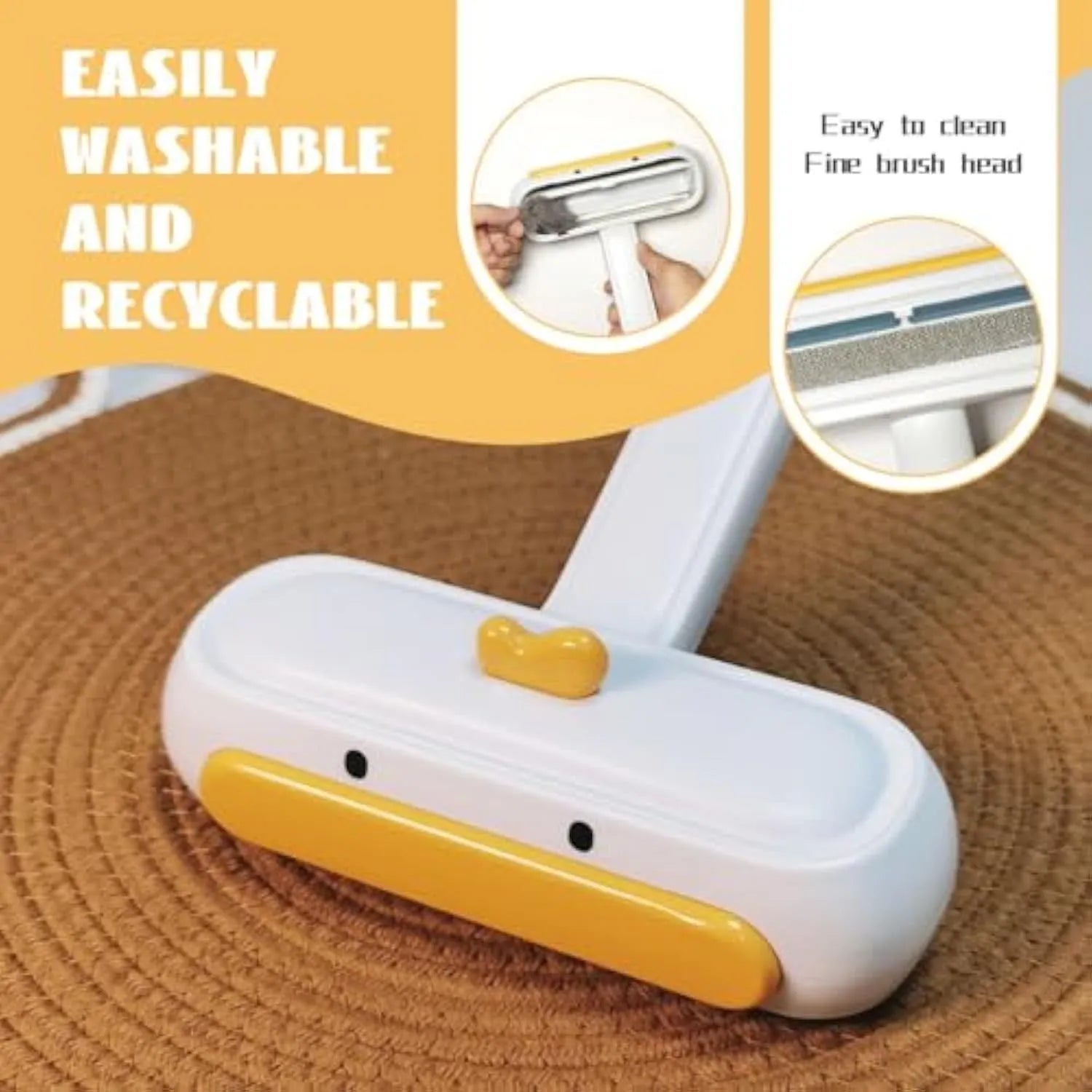 Yellow duck portable pet hair remover with polyester bristles for furniture and car seats