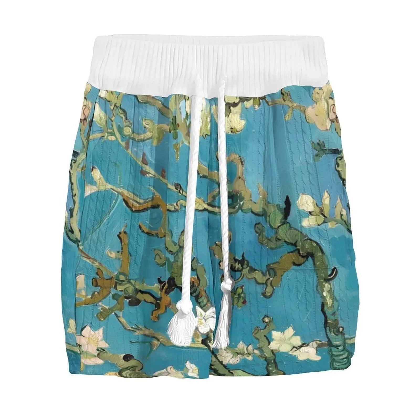 Men's peacock blue knitted shorts suit with 3D printed pattern, T-shirt jacket, and mid-length trousers