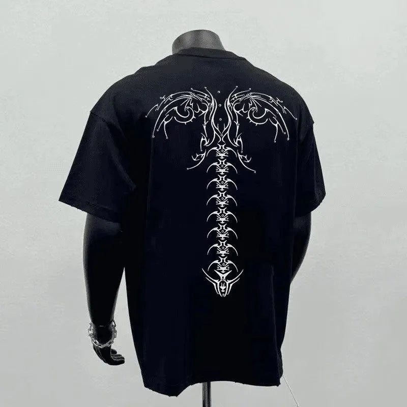 Men's loose fit black printed cotton short sleeve t-shirt on hanger