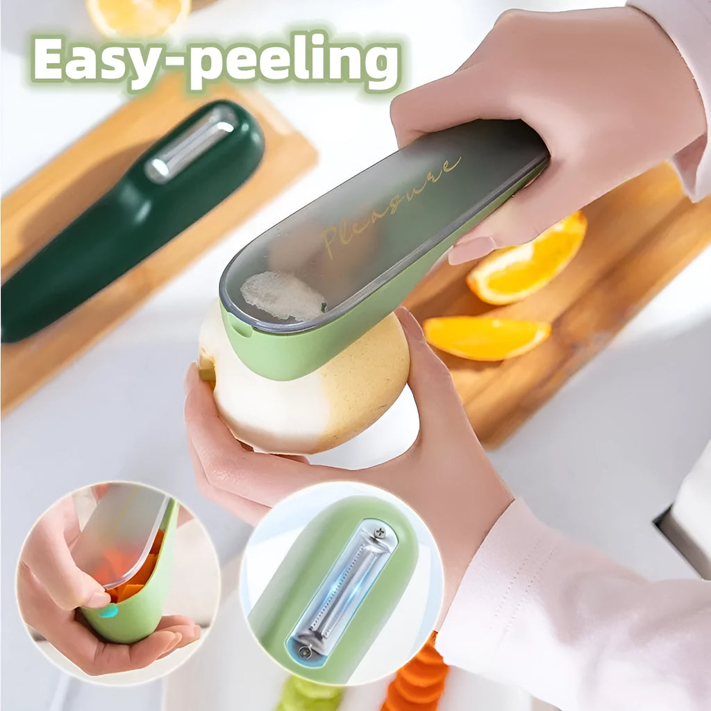 Dark green kitchen peeler with a stainless steel blade extended from its storage tube, showing the non-slip handle.