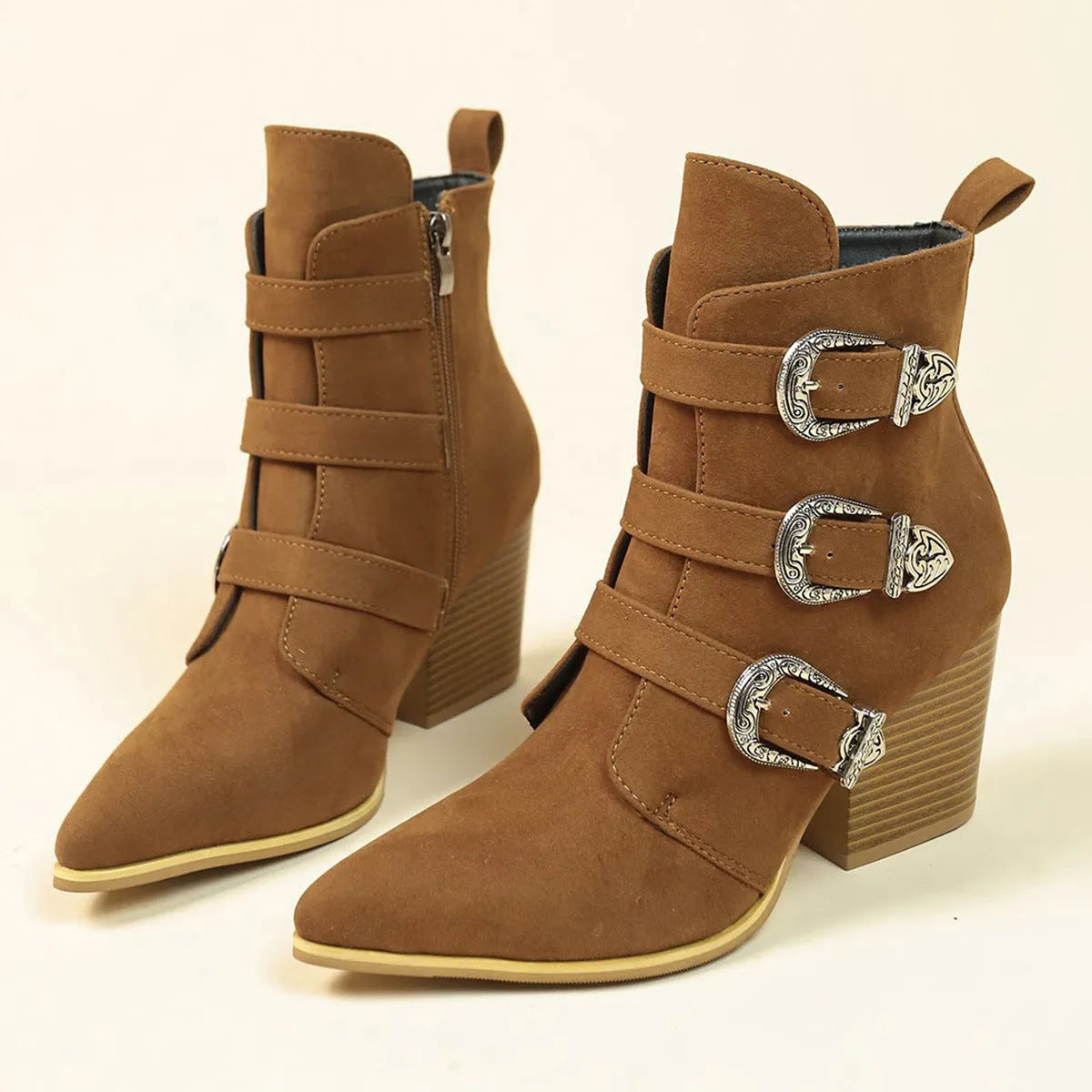Chunky heel pointed toe retro buckle boots for women, artificial PU, black or light brown
