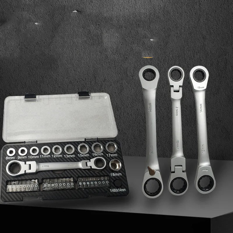 Dual-purpose ratchet wrench set with two-way mechanism, sockets, and batch heads