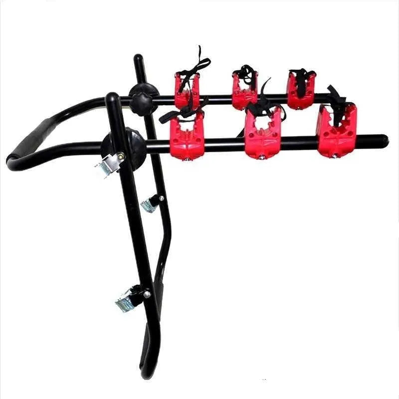 Black and red trunk-mounted car bike rack showing pull belt and tie rope fastening options