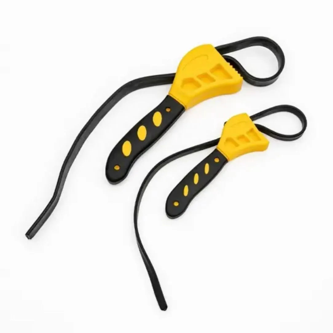 Two adjustable rubber strap wrenches, sizes 6 inch and 8 inch, with plastic handles and phosphated metal parts.