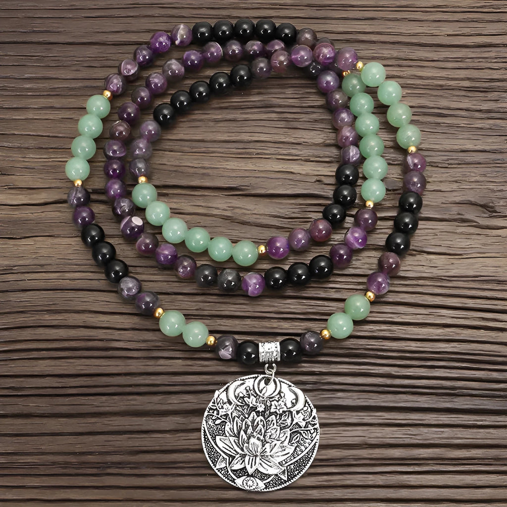 Yoga lotus pendant necklace with stone beads and matching bracelet set