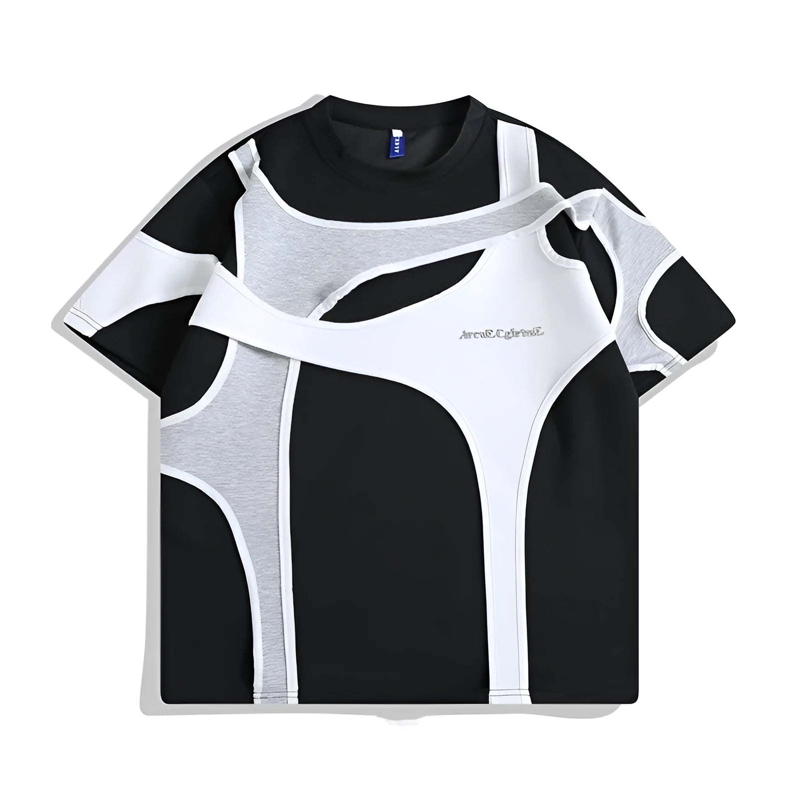 Men's black loose fit t-shirt with padded shoulder straps and short sleeves.