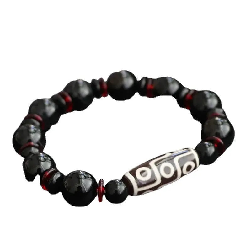 Hand-woven black agate Dzi bead bracelet with 11mm geometry-shaped stones