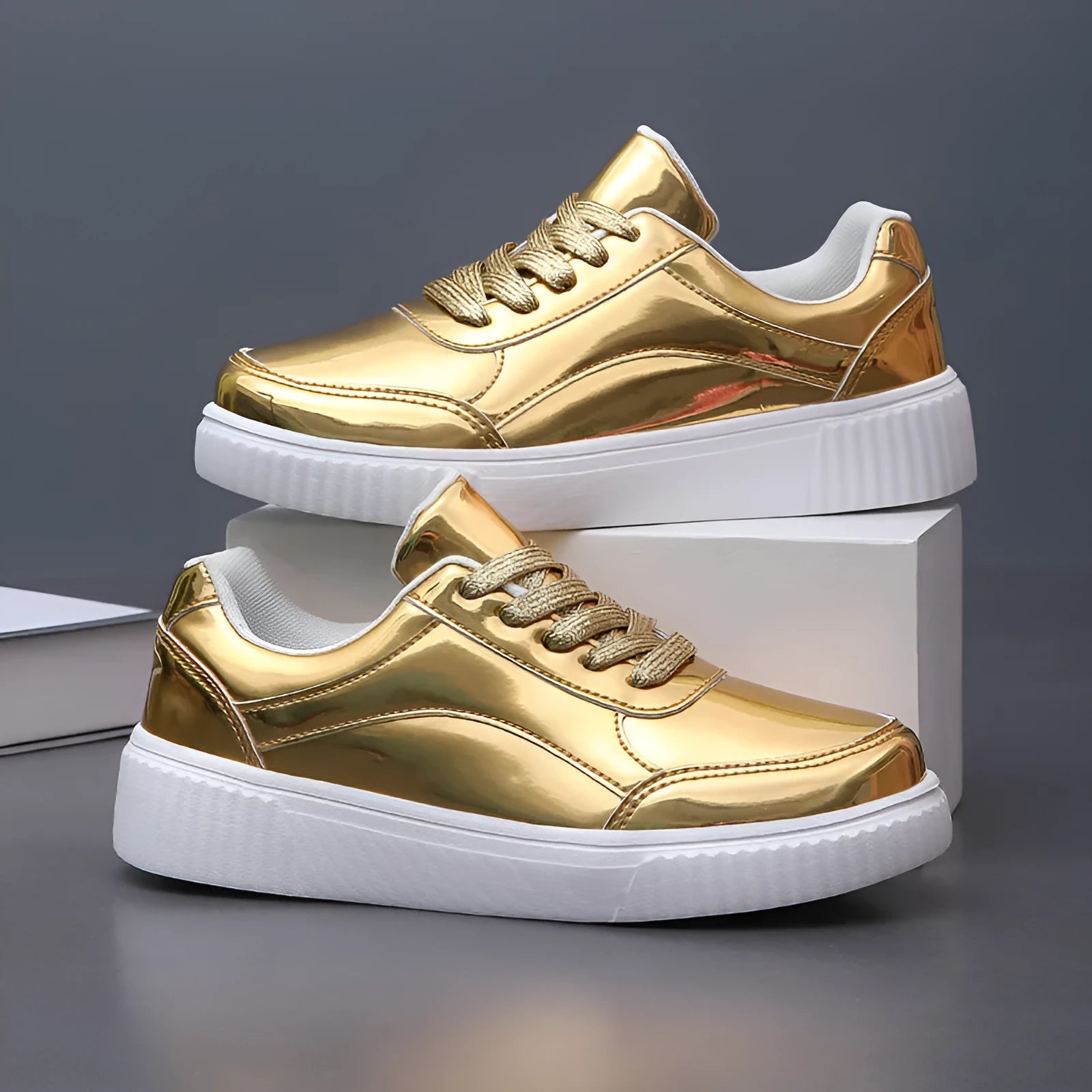 Rose gold sequinned platform sneakers with round toe and thick MD sole