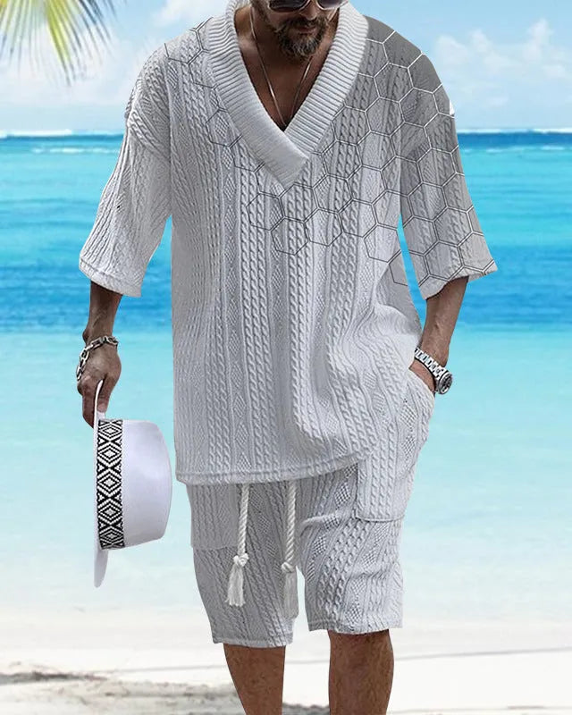 Printed drop-shoulder men's knitted short-sleeved top and matching shorts casual suit set