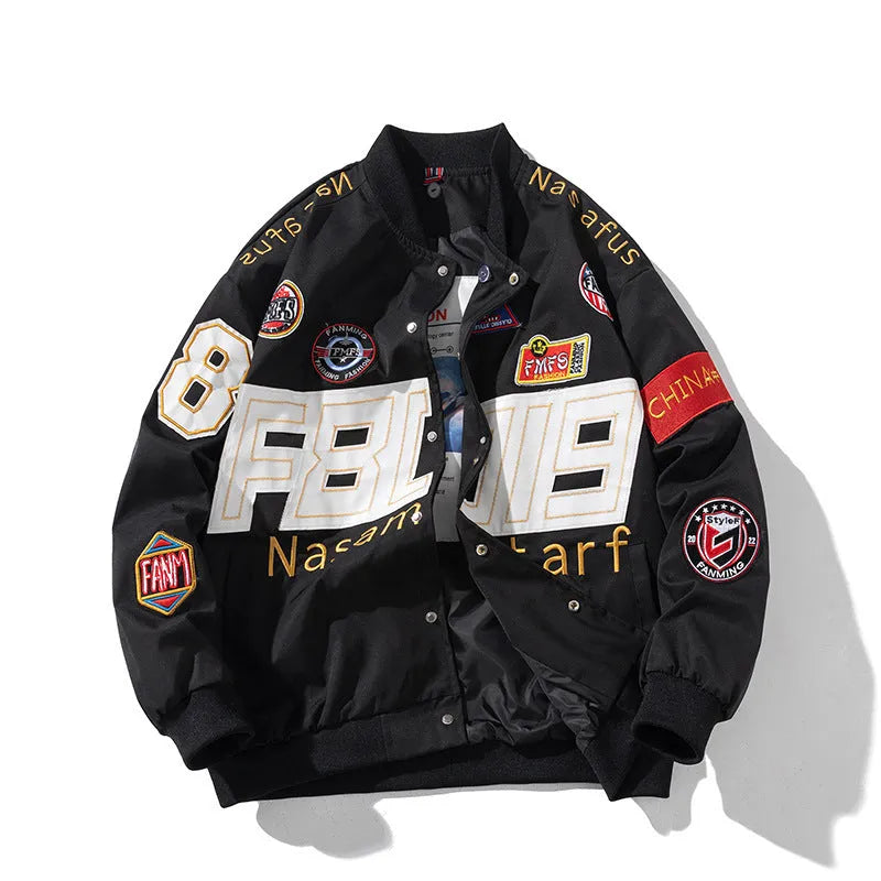 Black motorcycle baseball uniform jacket with removable hood shown in loose fit sizing