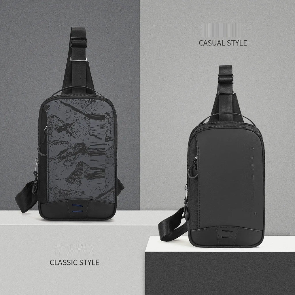 Casual black TPU chest pack with landscape camouflage pattern and interior phone pocket