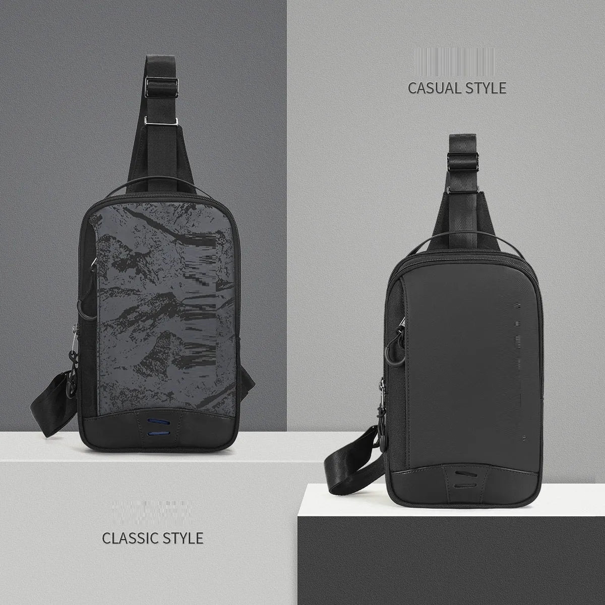 Casual black TPU chest pack with landscape camouflage pattern and interior phone pocket
