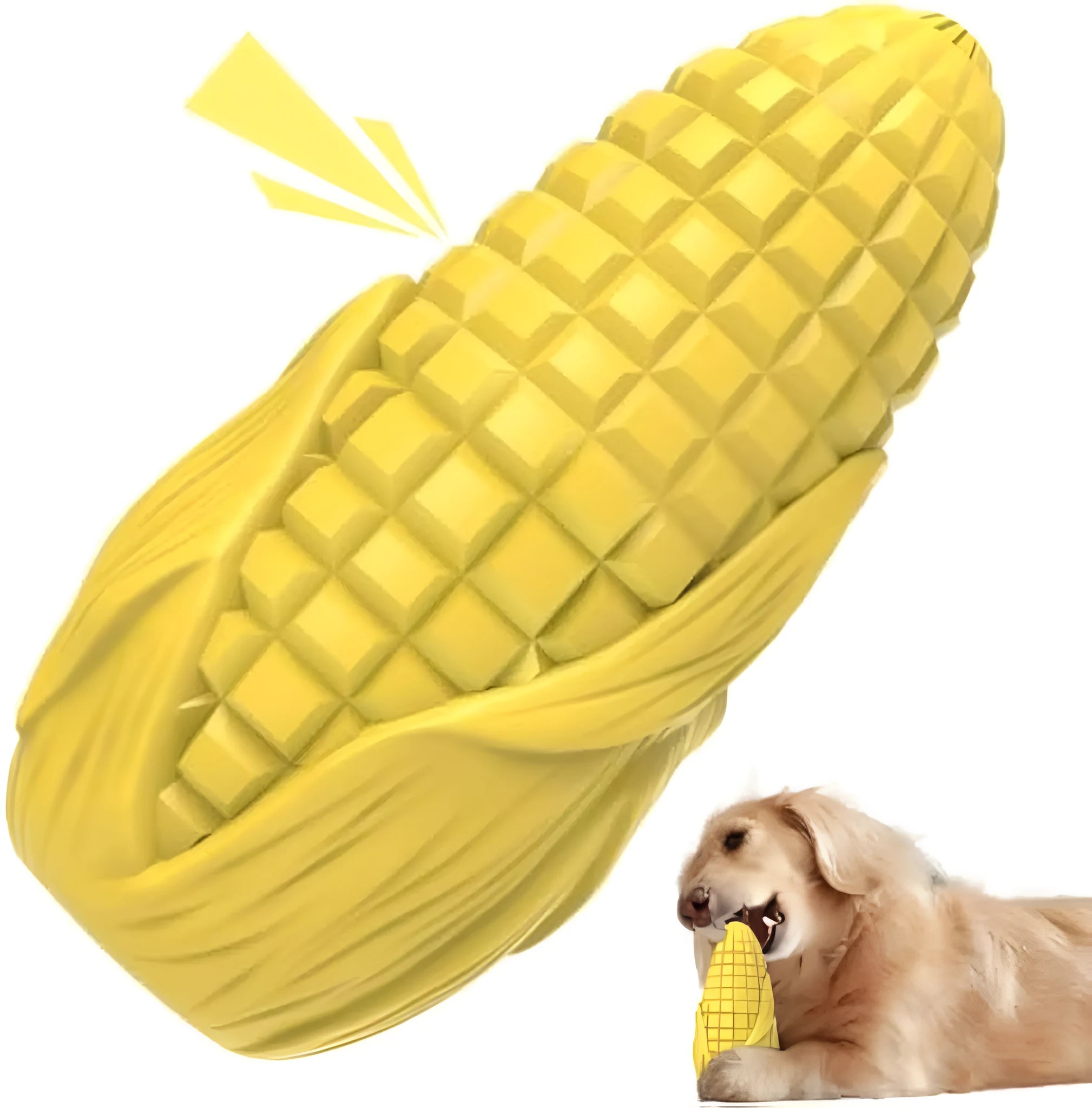 Corn-shaped dog chew toy with textured surface and blue/yellow colour options