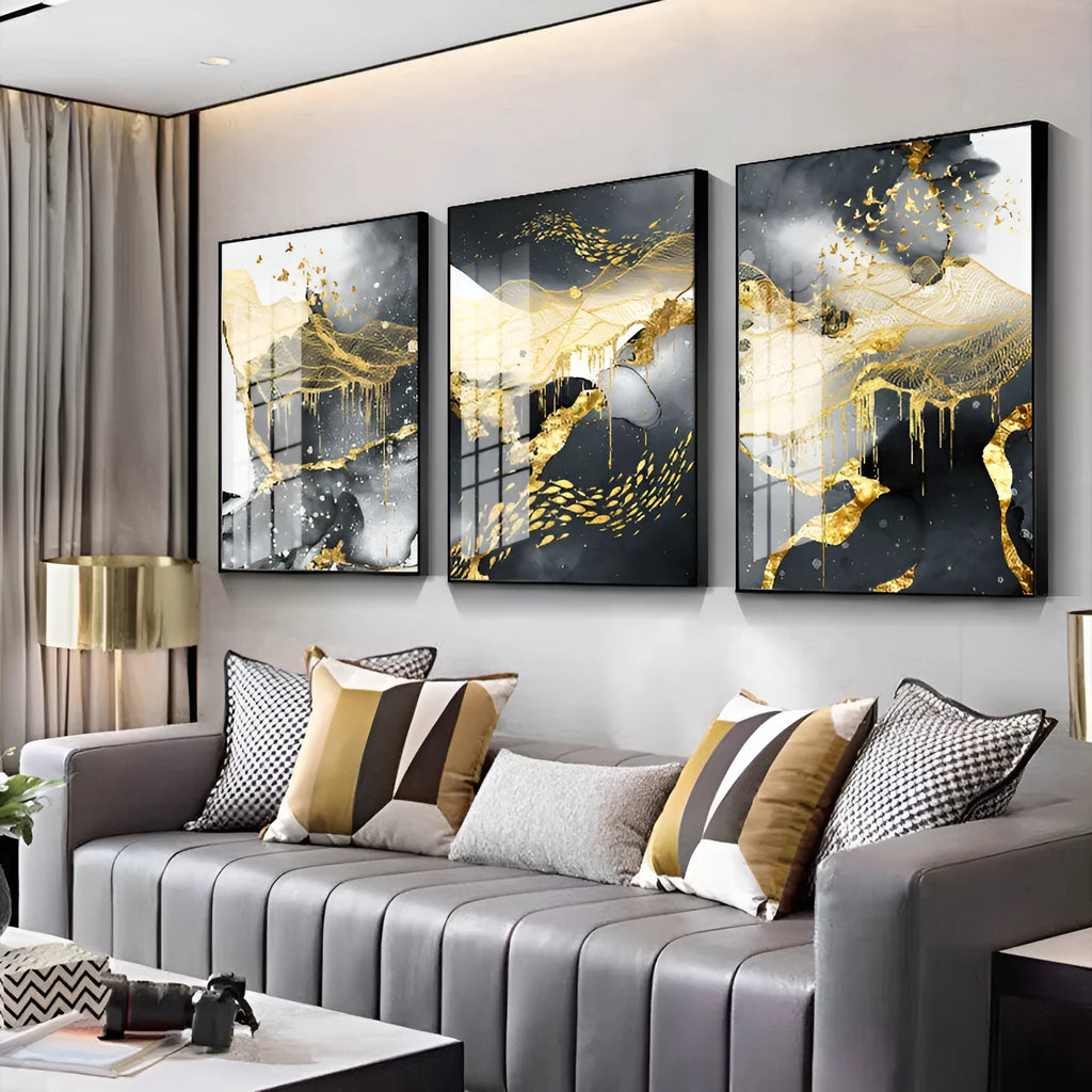 Golden black and white oil on canvas frameless wall art print, spray painting finish, multiple size options
