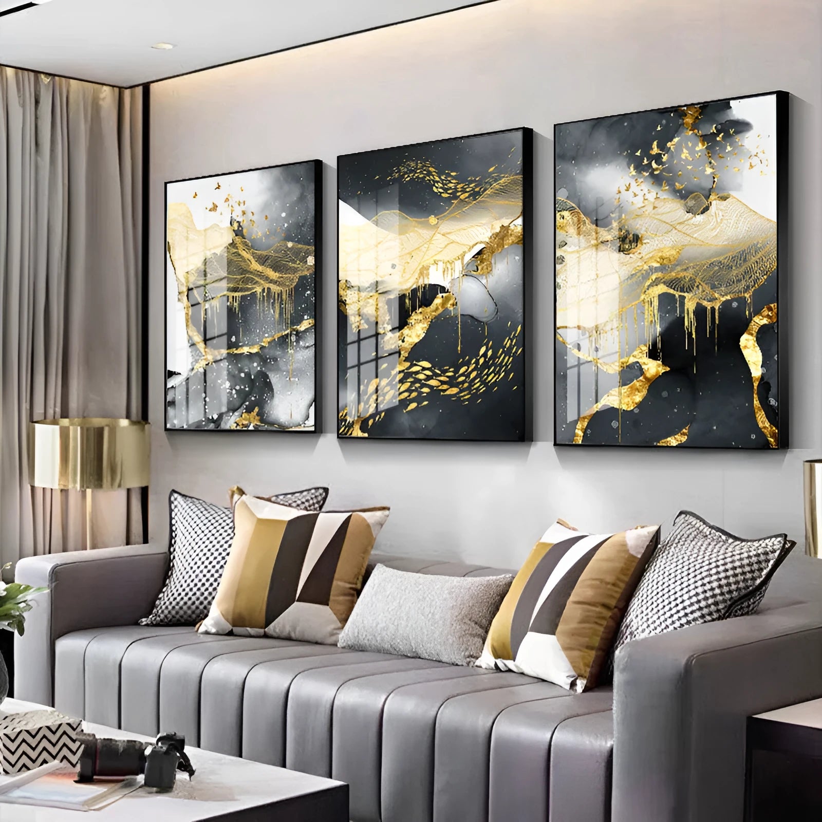 Golden black and white oil on canvas frameless wall art print, spray painting finish, multiple size options