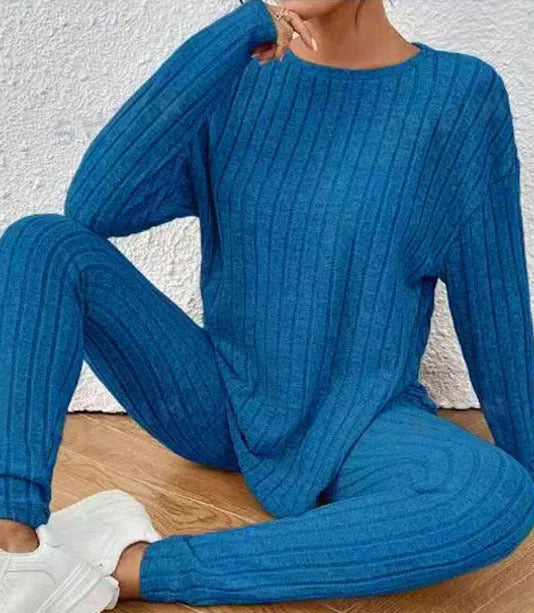 Women's black sunken stripe two-piece homewear set with matching trousers and top