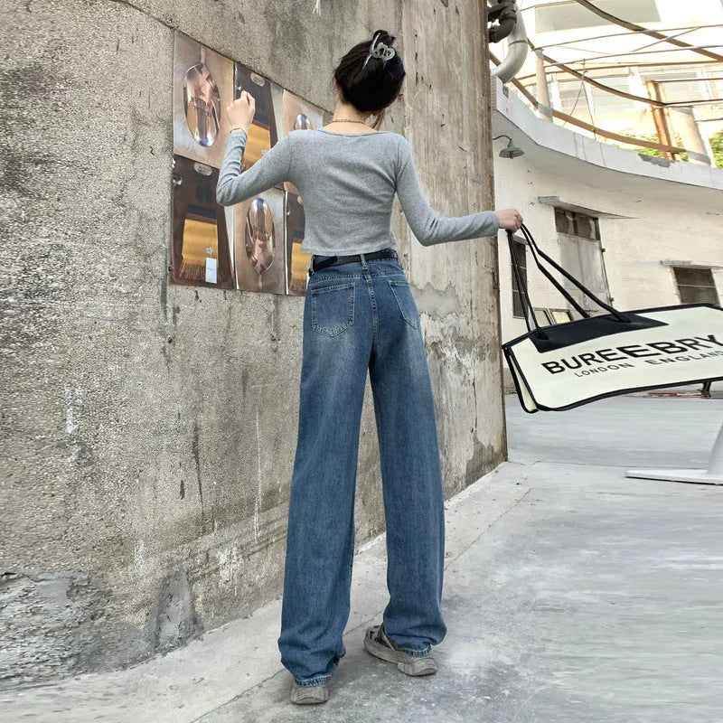 Women's retro blue straight leg jeans with high-waist design in three length variations