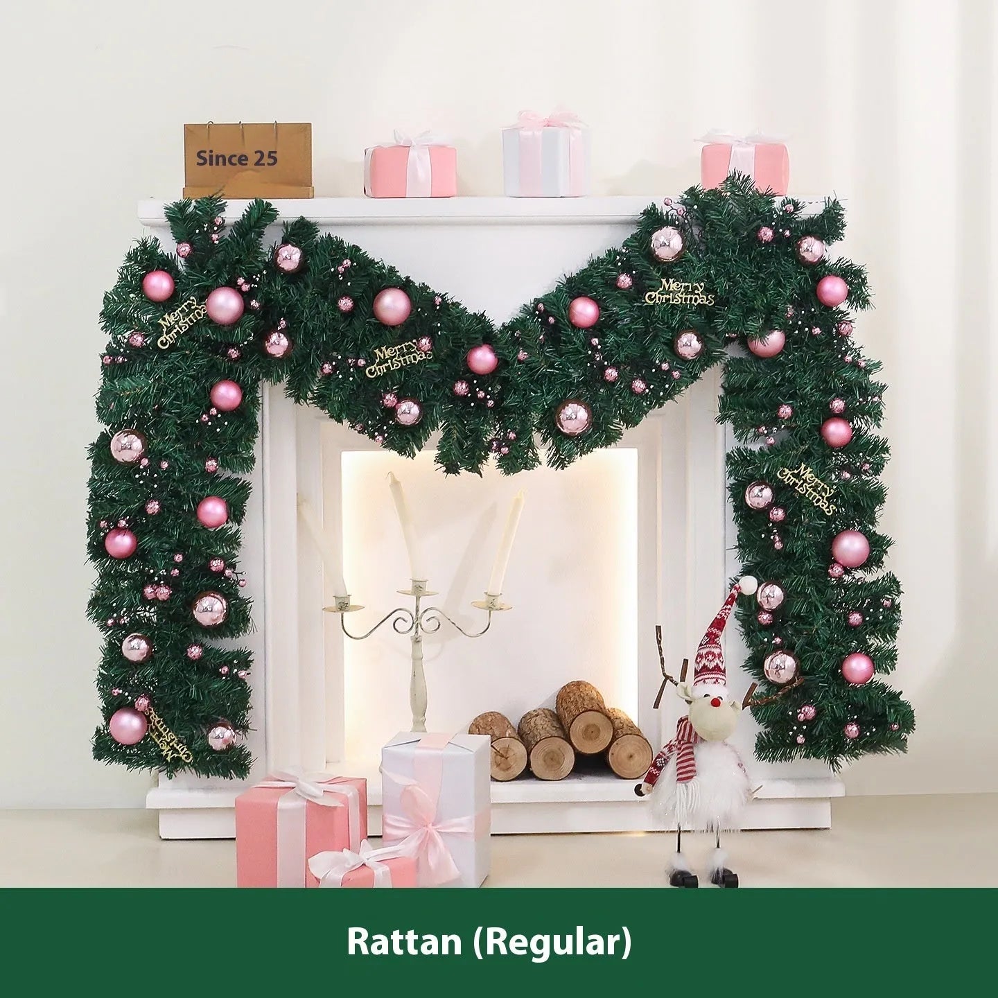 2.7-metre pink small fruit Christmas rattan garland with optional LED lighting for indoor decoration