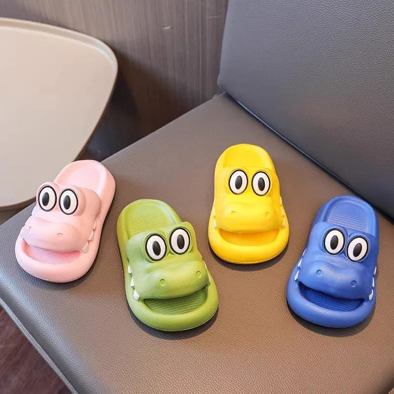 EVA platform sandals with animal pattern in pink, green, yellow, or blue for parents and children.