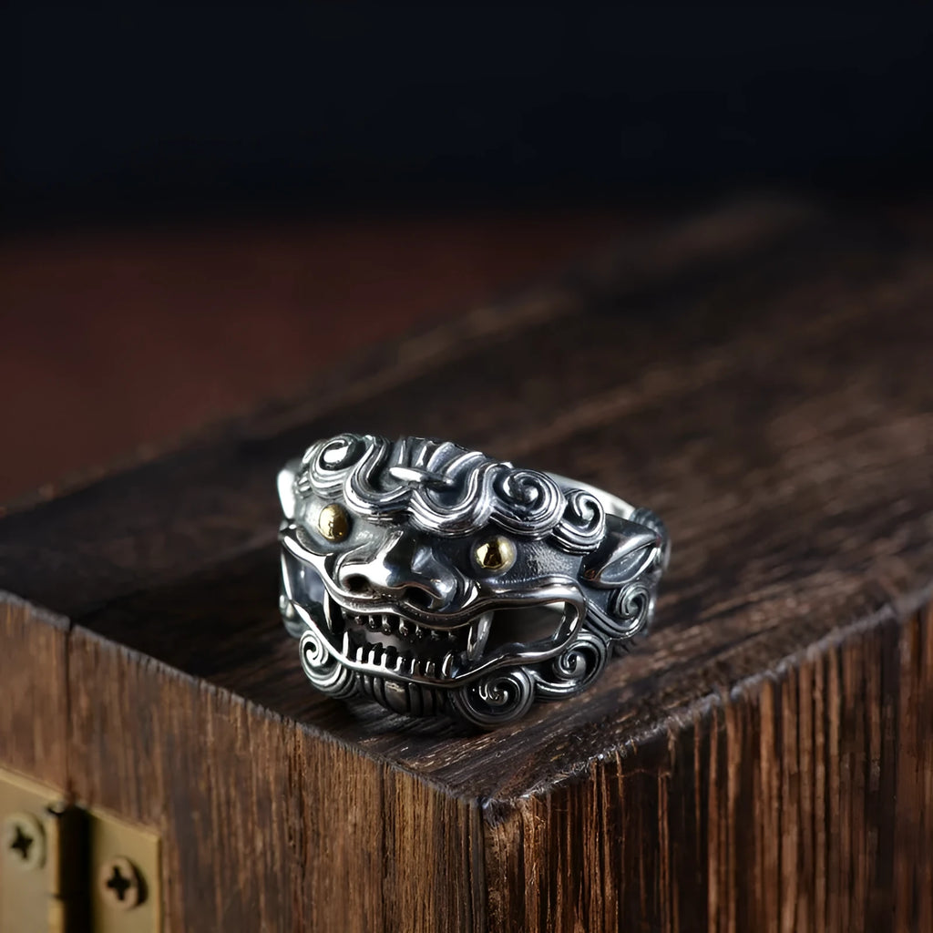 Silver open ring with Jibeast animal pattern and Zodiac design elements