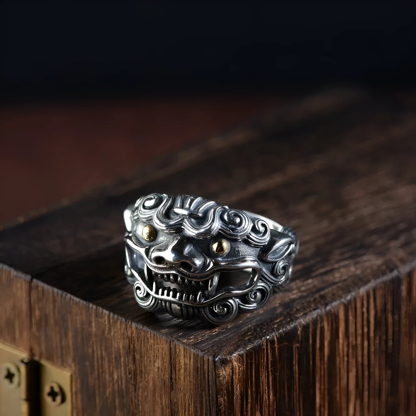 Silver open ring with Jibeast animal pattern and Zodiac design elements