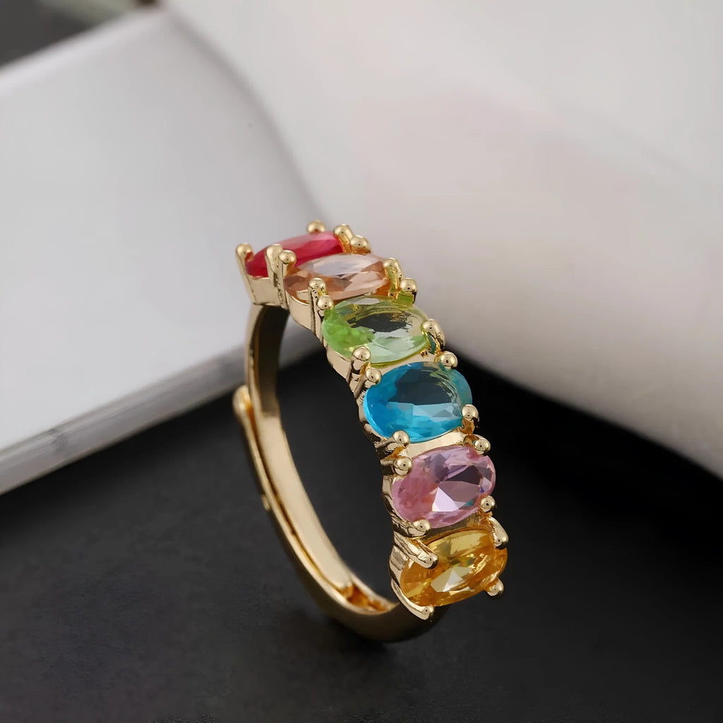 Gold colour women's adjustable zircon ring with retro design on copper base