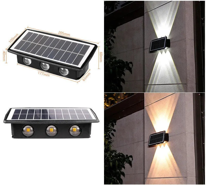 Solar outdoor wall light with 4 LED beads, ABS+PC housing, and glass polysilicon solar panel mounted on a brick wall