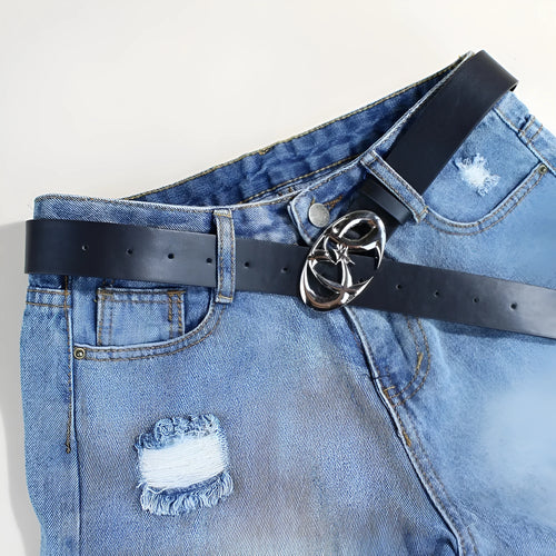 Casual silver buckle belt made from black PU leather with a 105cm length