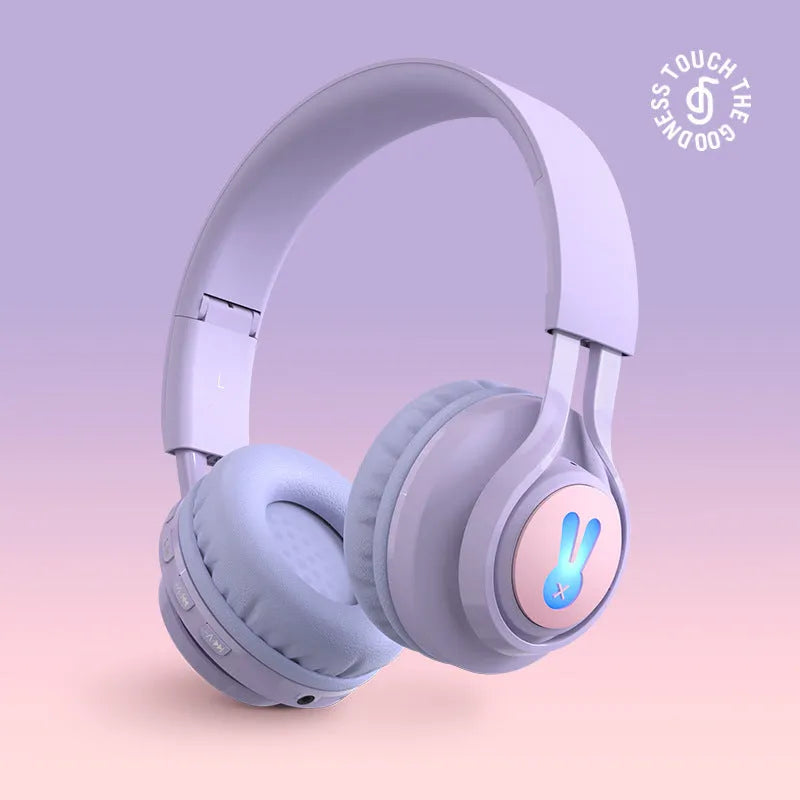 Wireless children's headphones with RGB lights and bunny ears in purple and pink colours