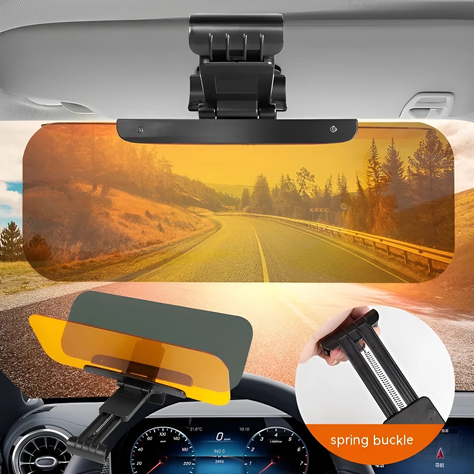 Anti-glare car sun visor with acrylic lens showing stretch, button and spring mounting options