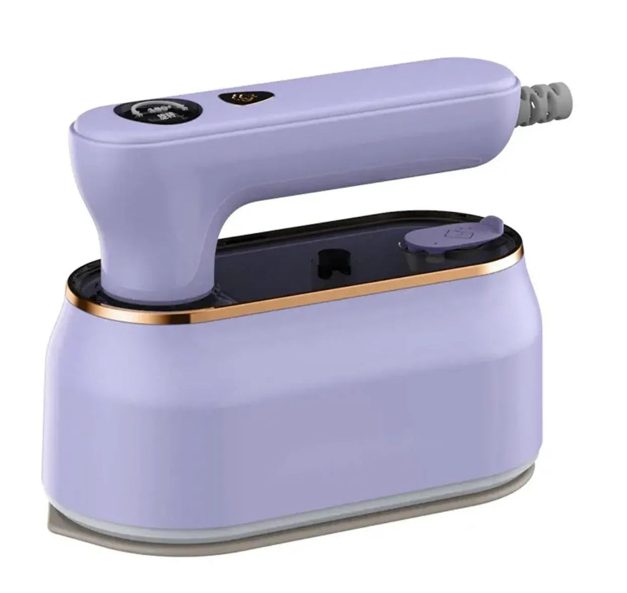 Foldable portable steam iron in light purple on a white background, showing its compact design and ceramic soleplate.