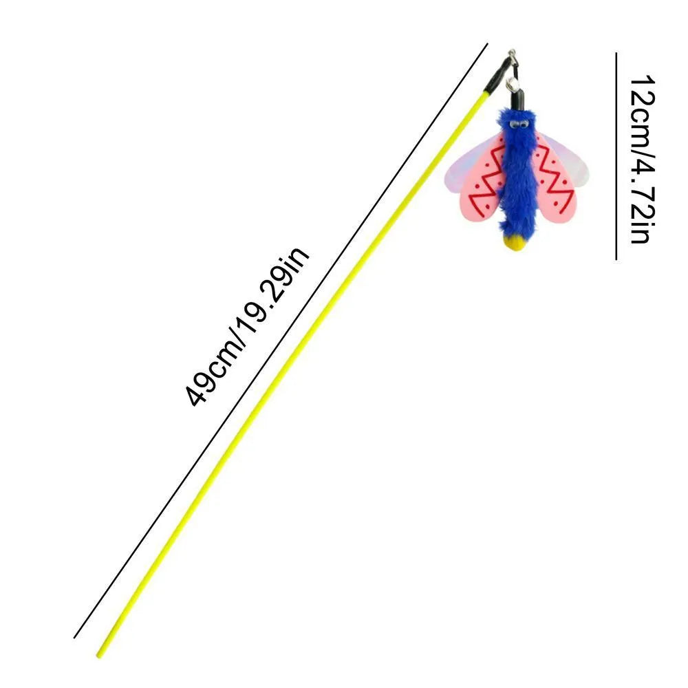 Blue, yellow, and pink dragonfly cat wand toy with bell on a long plastic stick.