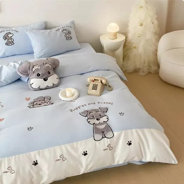 Cartoon Schnauzer dog pattern printed on a cotton bedding set showing quilt cover, sheet, and pillowcases