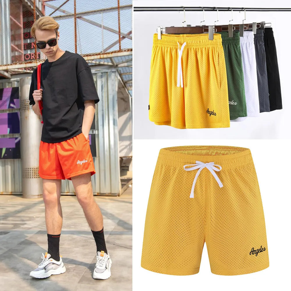Men's personalised double-layer mesh sports shorts in multiple colours on a size chart.