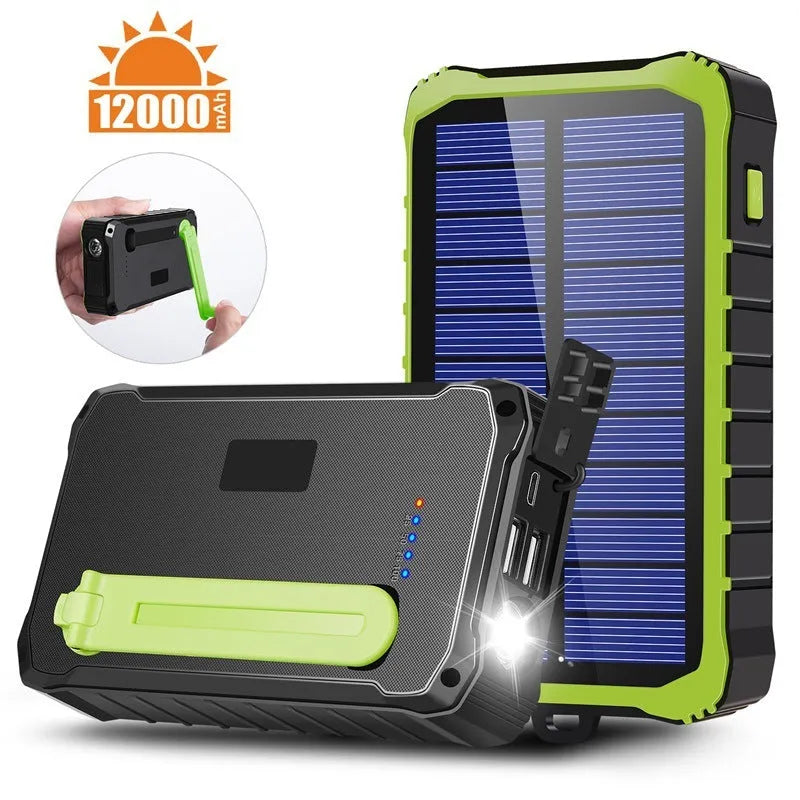 Orange and green hand solar power bank with solar panel, hand crank, dual USB ports, and LED light