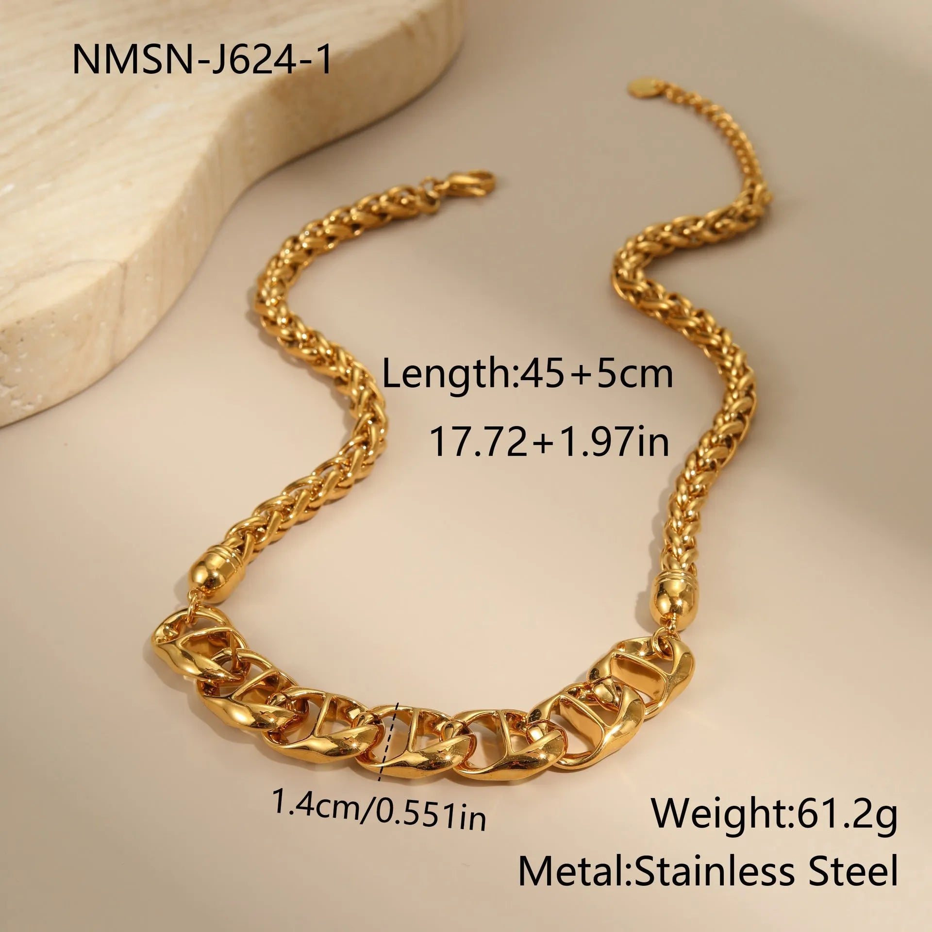 Stainless steel necklace with geometric pendant and electroplated 18K gold finish