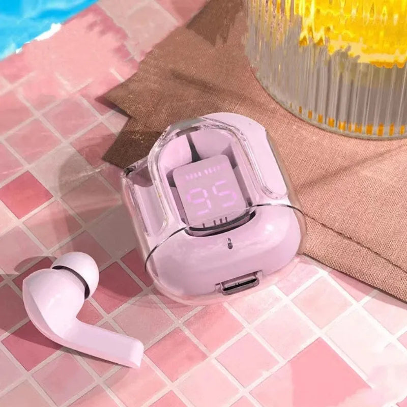 Transparent space capsule case containing true wireless Bluetooth earbuds with digital display screen