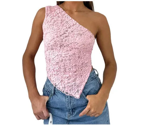 Women's lace backless sleeveless vest with asymmetrical sloped neck in solid colour Polyester fabric