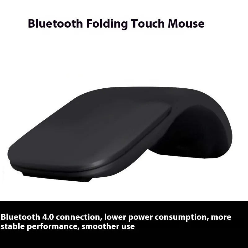Folding touch wireless mouse in black showing compact folded and unfolded positions with Bluetooth connectivity